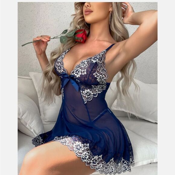 Sexy Women Lace Lingerie Babydoll Strap Chemise Sleepwear Nighty Dress G-string - Picture 3 of 4